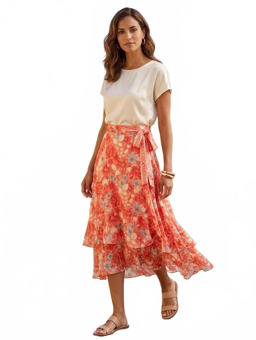 Jakkuza Floral Coral Wrap Skirt Tie Waist M boho cottagecore